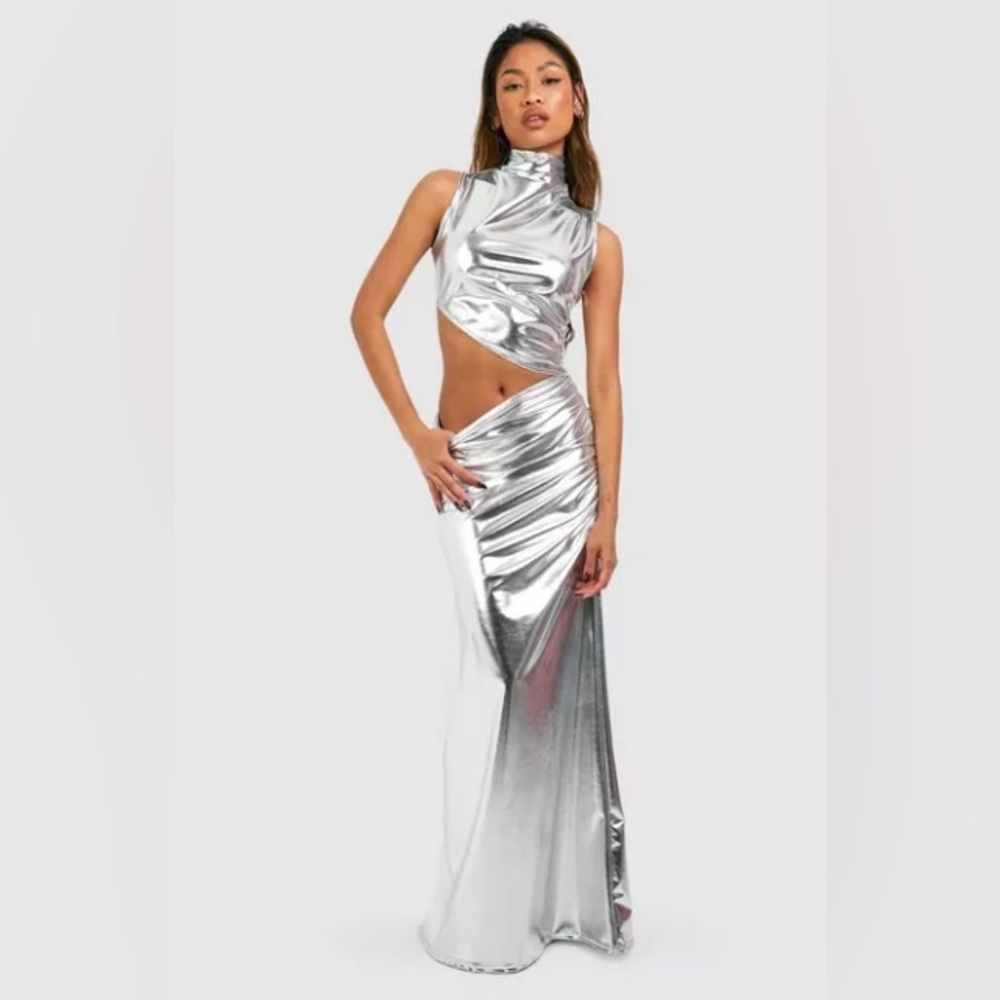 Metallic Pu High Neck Cut Out Maxi Dress | 6